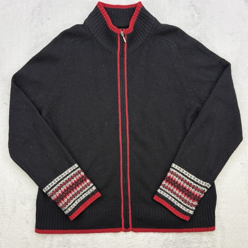 Sarah Spencer Cardigan Womens XL BLack Red Full Zip Sweater Lambswool Bedazzled
